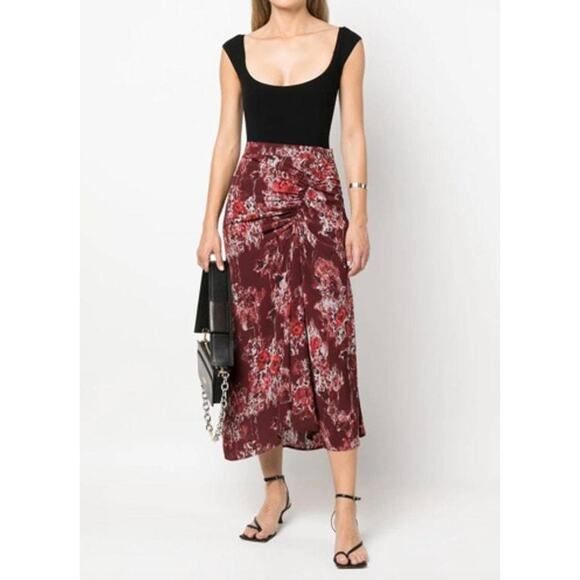 IRO Alise Abstract Print Draped Crepe De Chine Midi Skirt In Burgundy Size 6 New - Picture 1 of 13